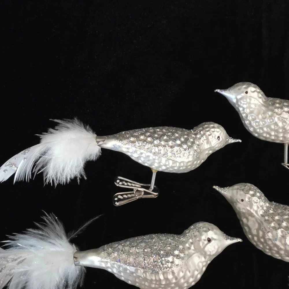 Silver Pearlized Glitter Glass Bird Ornaments w/ Feather Tails Clip On Set 4 7